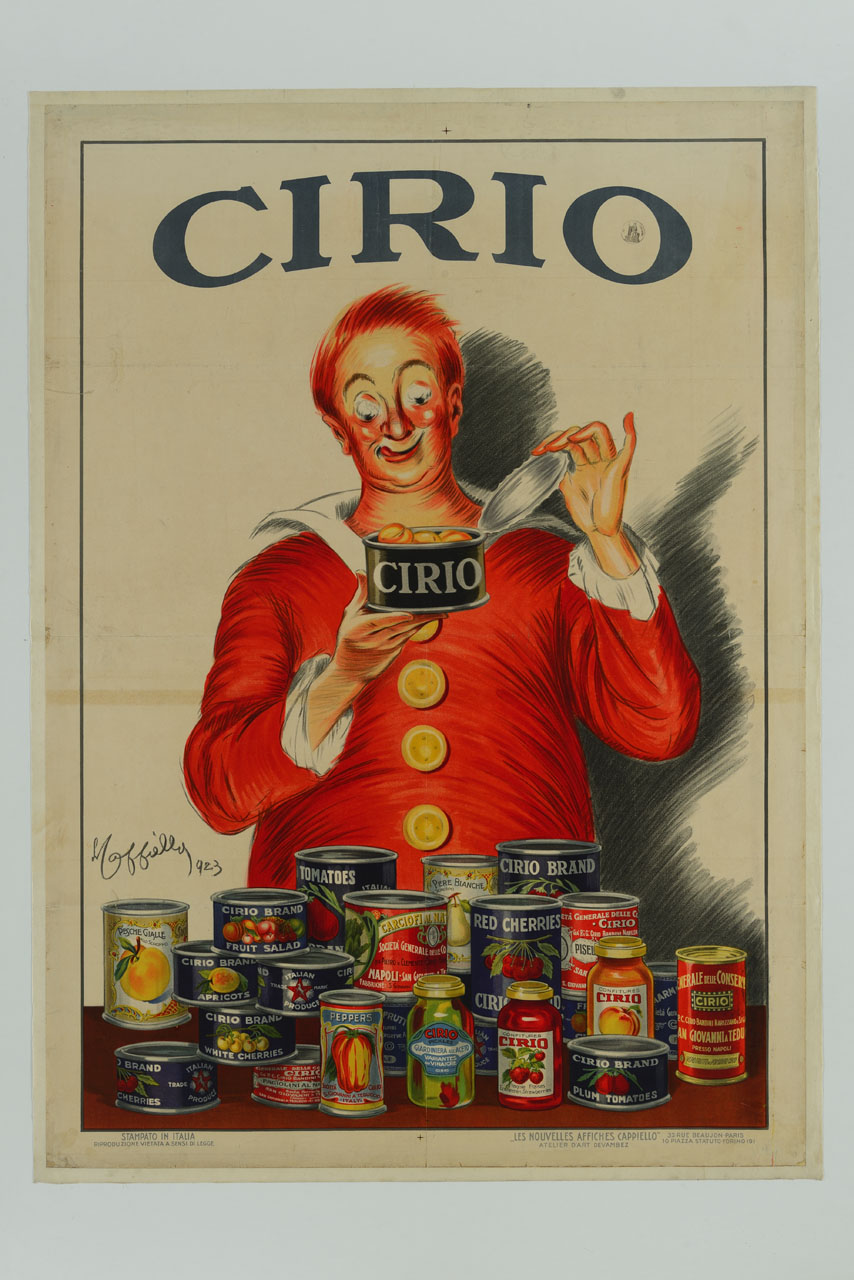 figura maschile che golosamente apre una lattina di frutta in scatola (manifesto) di Cappiello Leonetto (sec. XX)