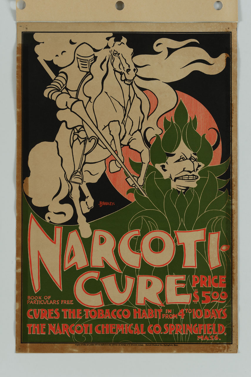 un cavaliere a cavallo infilza con la lancia la personificazione della dipendenza da tabacco, che spunta da fiamme verdi; sullo sfondo la luna piena (manifesto) di Bradley William (sec. XIX)