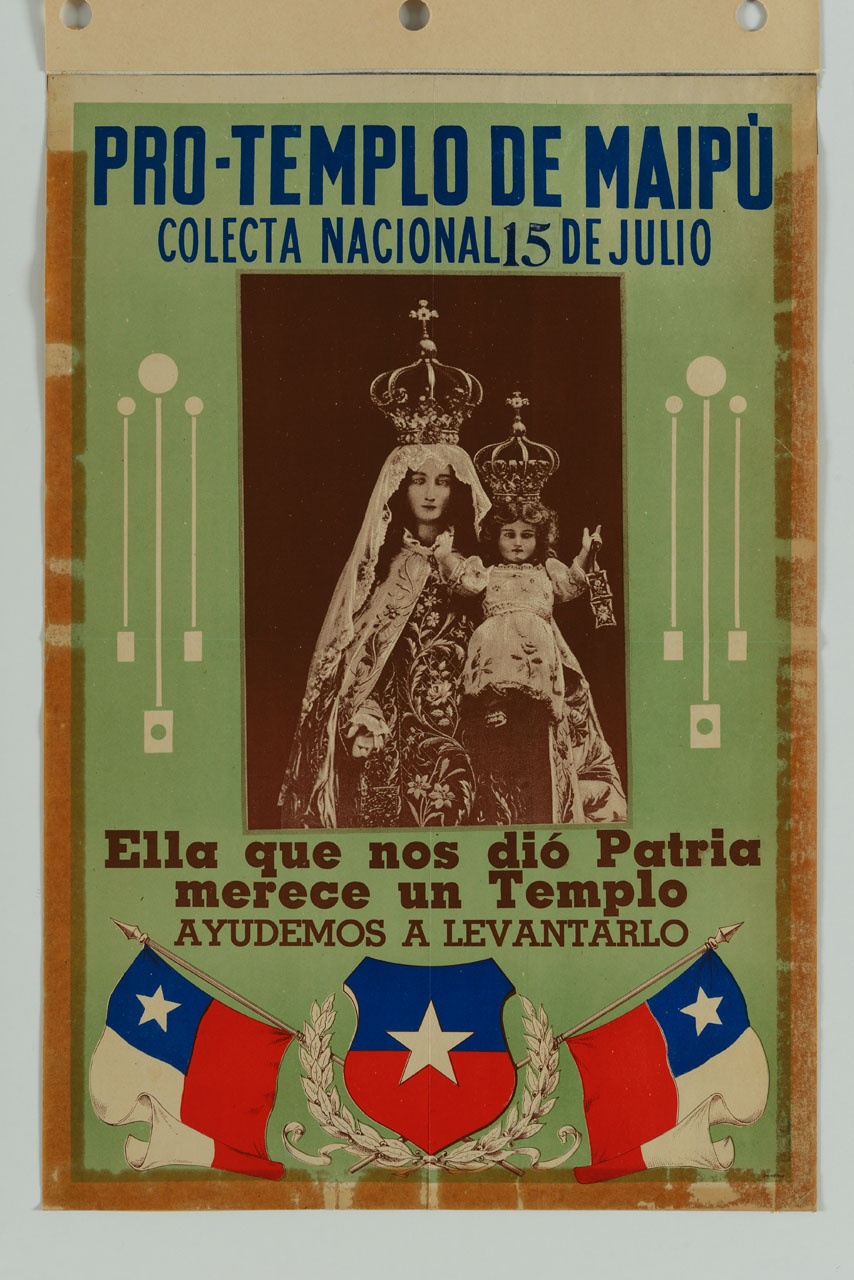 fotografia della Vergine del Carmen, icona del Santuario Nazionale di Maipù; sotto due bandiere e lo stemma del Chile (manifesto) di Universo - ambito cileno (sec. XX)