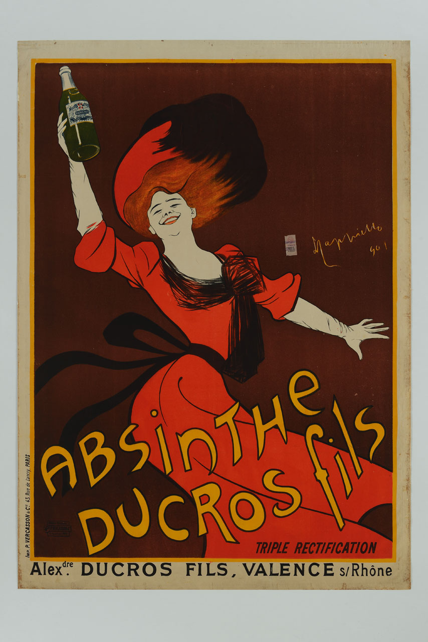 figura femminile con abbigliamento Belle époche che mostra una bottiglia di assenzio (manifesto) di Cappiello Leonetto (sec. XX)