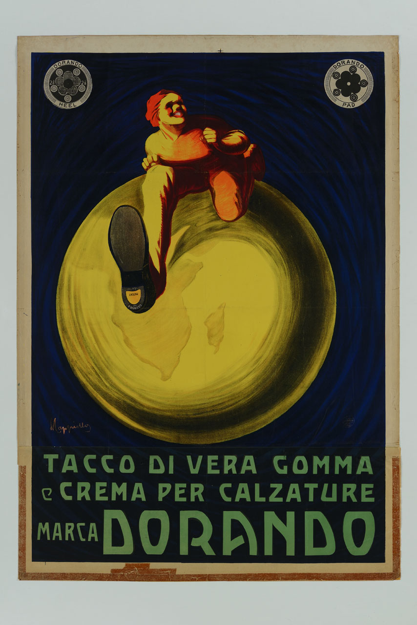 figura maschile sopra un mappamondo, mostra la suola delle scarpe (manifesto) di Cappiello Leonetto (sec. XX)