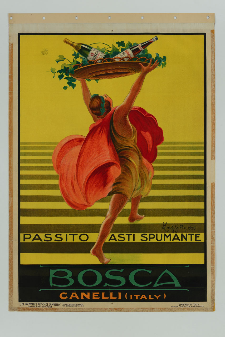 figura femminile con peplo che solleva una cesta con foglie di vite e bottiglie di vino (manifesto) di Cappiello Leonetto (sec. XX)