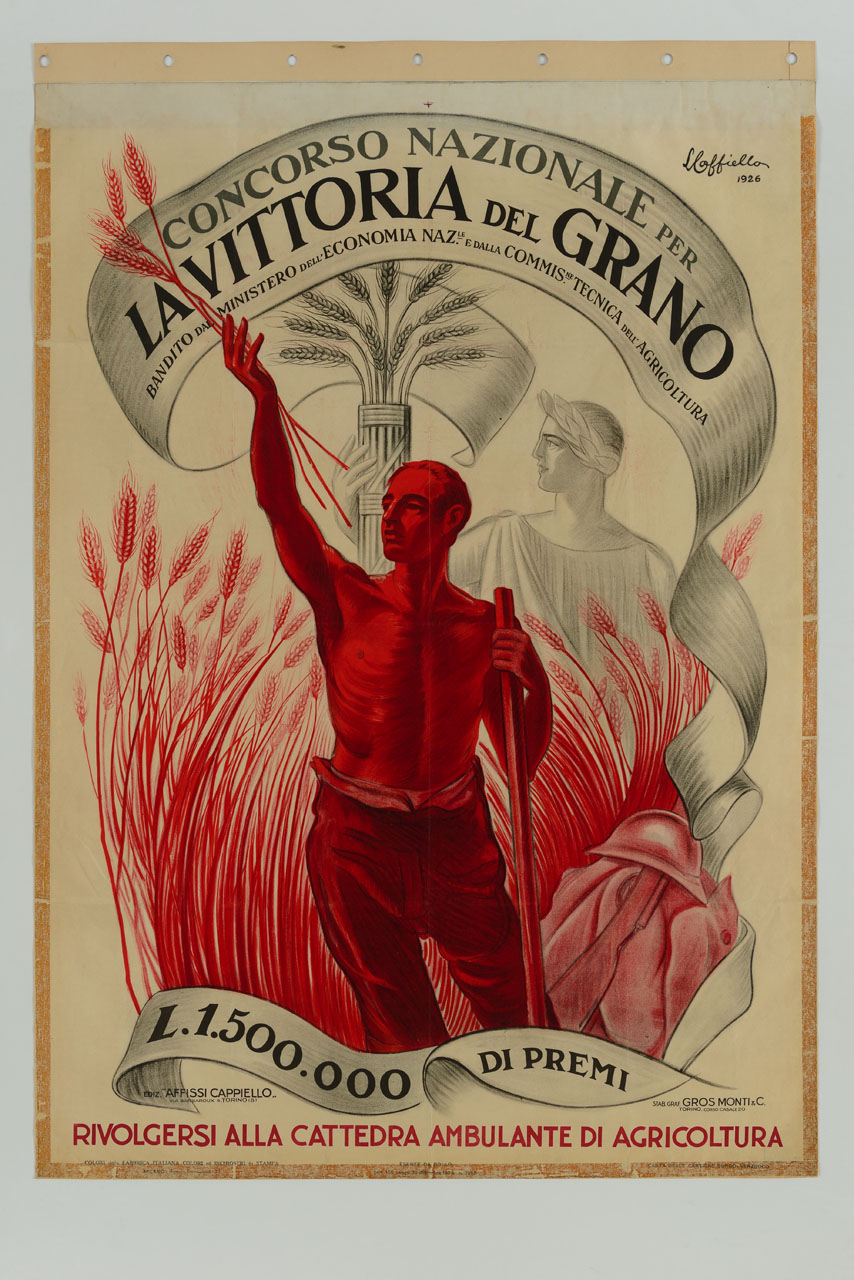 soldato che ha abbandonato le armi ed alza al cielo spighe di grano e alle sue spalle personificazione della Vittoria che sostiene un fascio littorio con grano (manifesto) di Cappiello Leonetto (sec. XX)