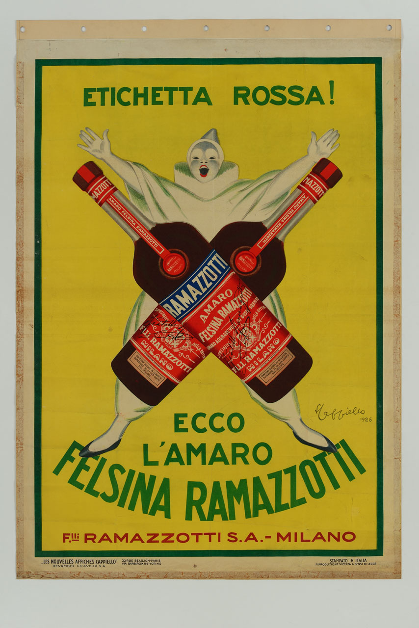 maschera bianca che mostra due enormi bottiglie di amaro Ramazzotti (manifesto) di Cappiello Leonetto (sec. XX)