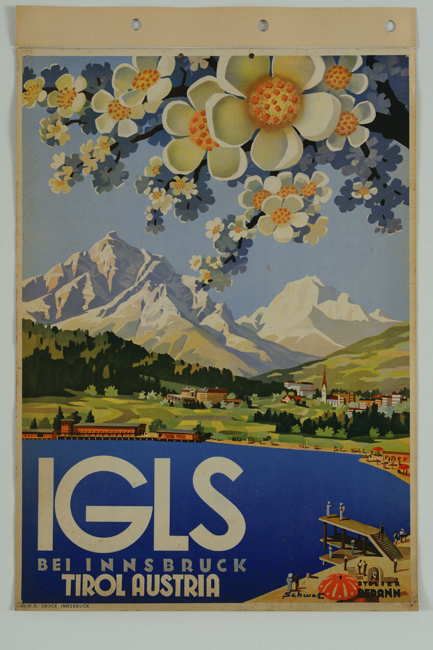 Veduda del lago di Lanser nei pressi di Igls; sullo sfondo il paese e le montagne del Tirolo; in alto a sinistra dei fiori chiudono il paesaggio (manifesto) di Schwetz Franz (sec. XX)