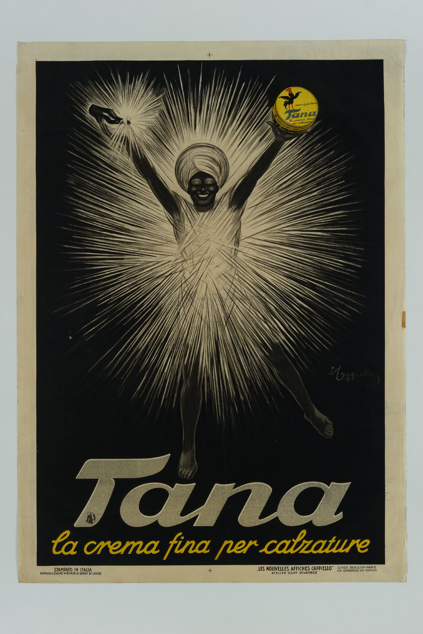 figura maschile con turbante che irradia raggi di luce e mostra una scarpa ed una confezione di crema per calzature (manifesto) di Cappiello Leonetto (sec. XX)