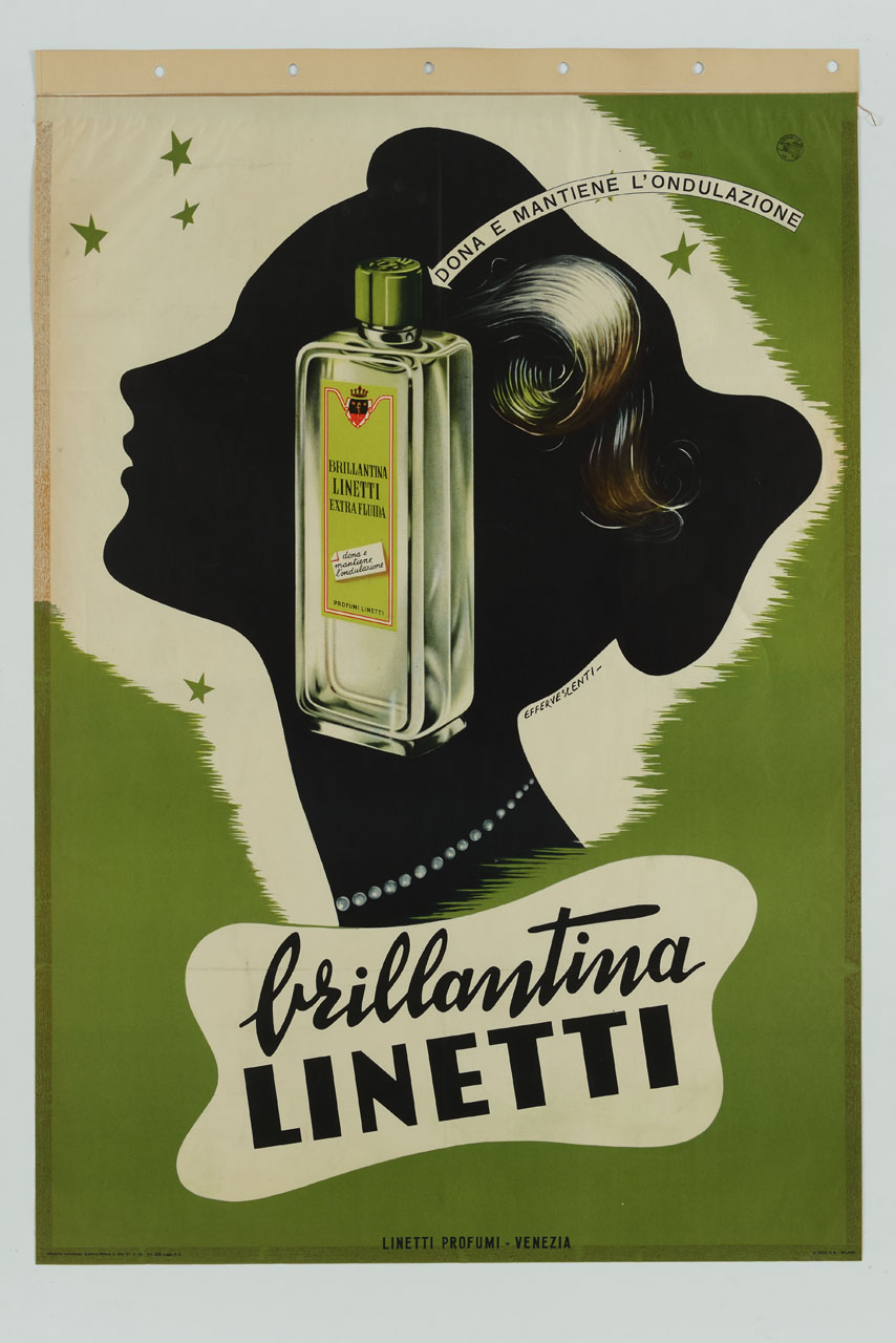 sagoma di chioma femminile e boccetta di gelatina in primo piano (manifesto) di Effervescenti Eleuterio (sec. XX)
