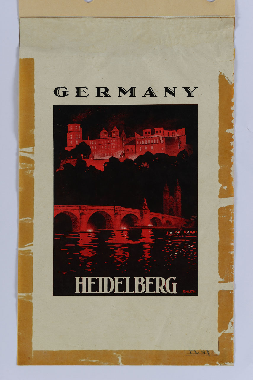immagine notturna del Castello di Hedelberg illuminato di rosso; in primo piano il fiume Neckar attraversato da un'imbarcazione all'altezza del ponte vecchio (manifesto) di Huth Franz (sec. XX)