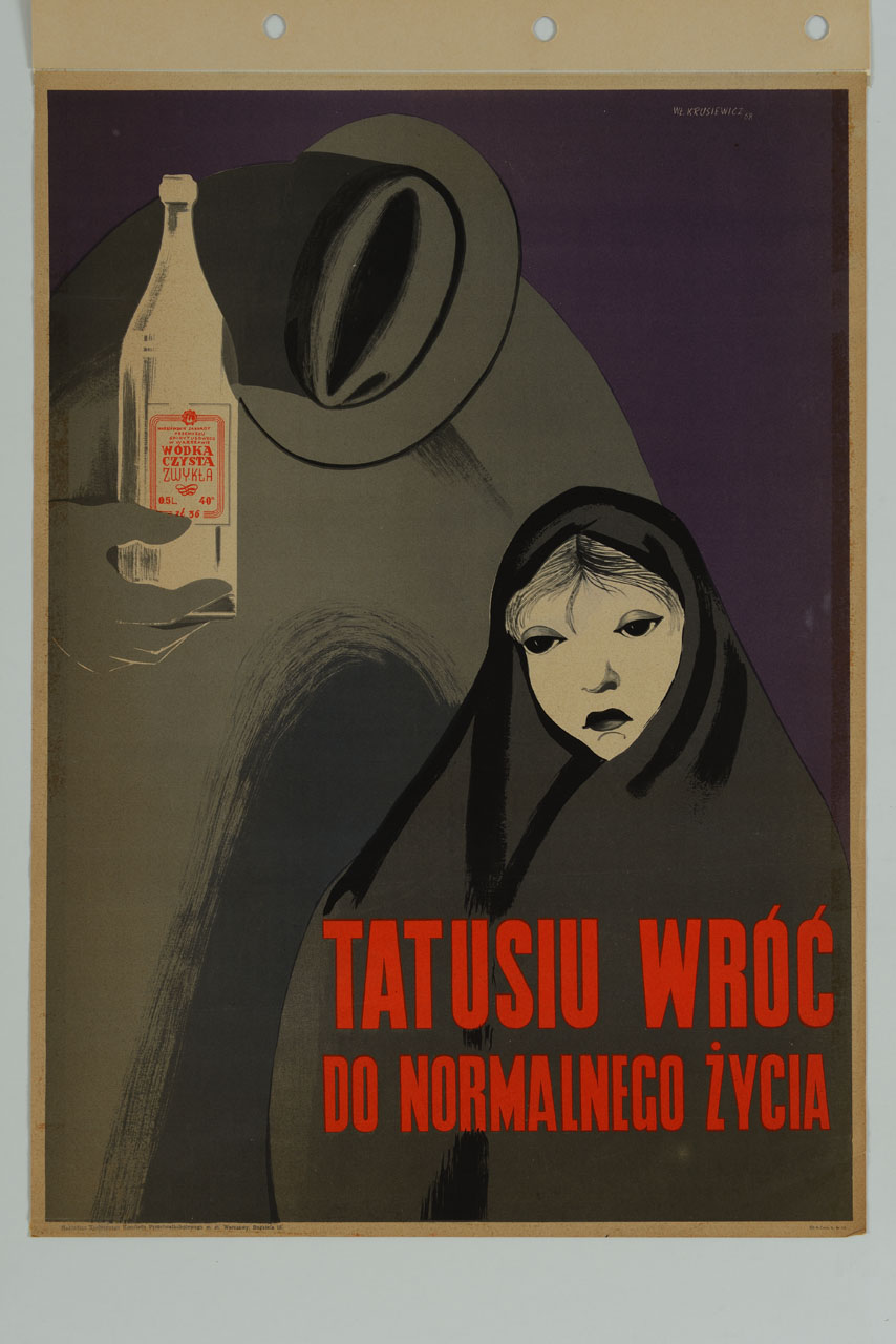 donna avvolta in mantello nero e figura maschile con volto coperto da cappello che regge bottiglia di vodka (manifesto) di Krusiewicz Wt - ambito polacco (sec. XX)