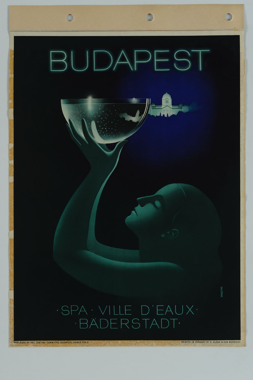 ragazza solleva sopra di sé una coppa trasparente di acqua con il chiarore della luna (manifesto) di Konecsni György (sec. XX)