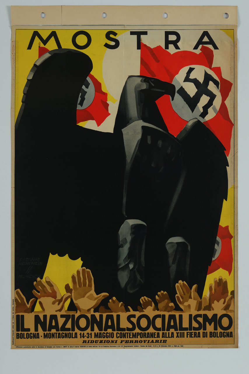 bandiere naziste ed enorme aquila nera sovrastano una folla di mani acclamanti (manifesto) di Hohlwein Ludwig (sec. XX)