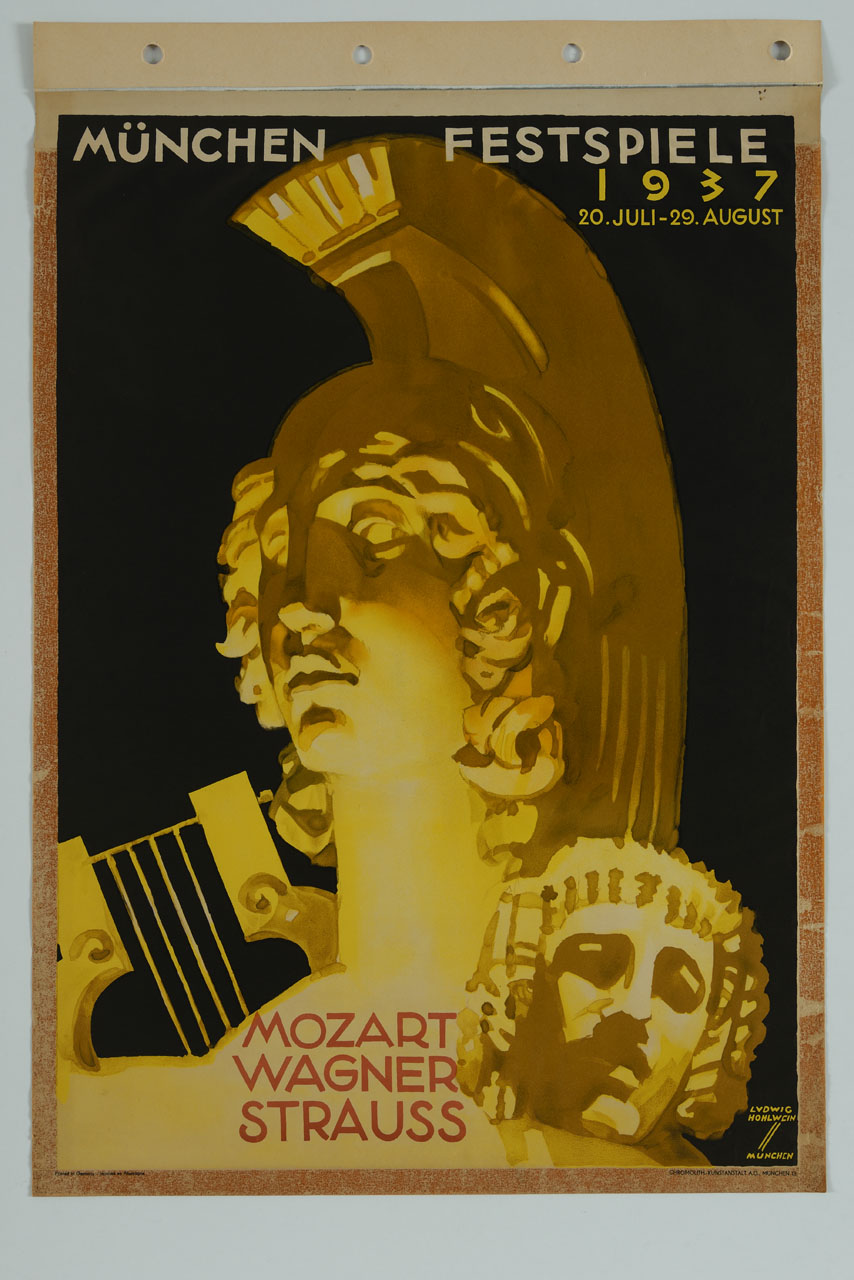 statua del dio Apollo con lira e maschera greca illuminata da una luce intensa (manifesto) di Hohlwein Ludwig (sec. XX)