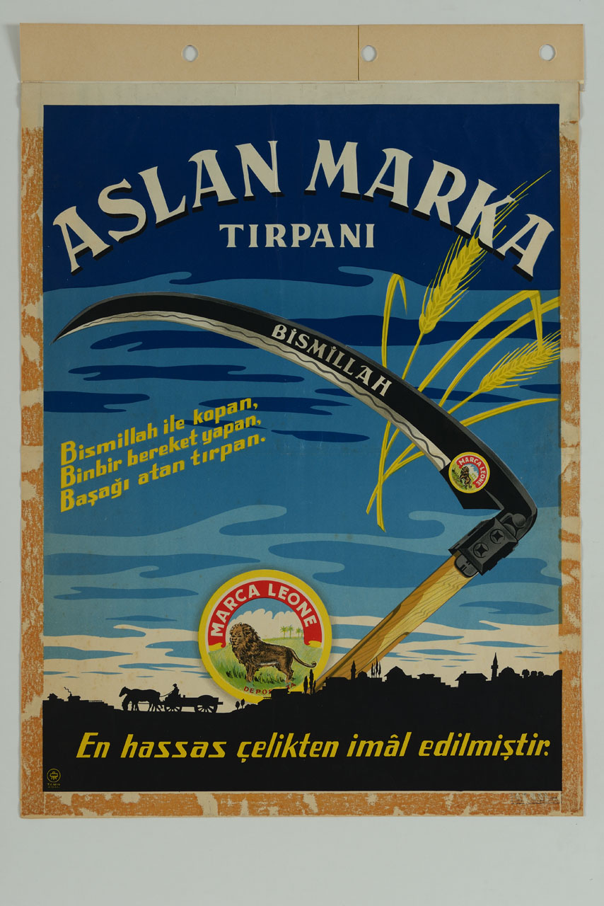 grande falce con spighe di grano su profilo di città e carro in controluce; marchio commerciale con leone (manifesto) - ambito turco (sec. XX)