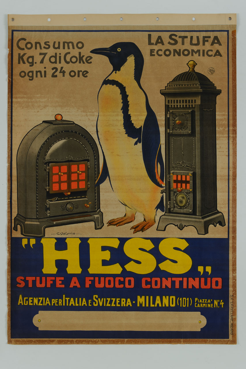 pinguino in mezzo a due stufe (manifesto) di Valerio G - ambito italiano (sec. XX)