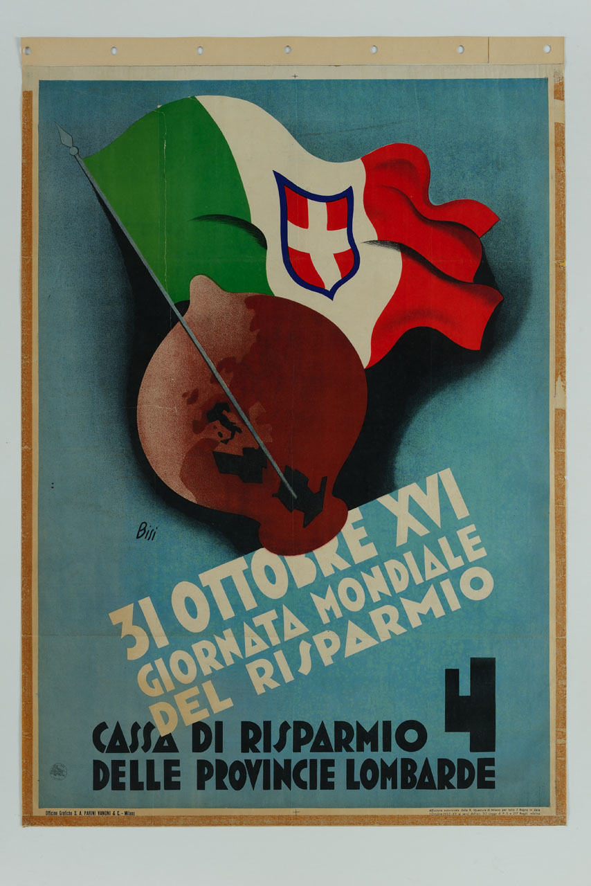 salvadanaio con raffigurazione dell'Italia e due colonie africane, con bandiera del Regno d'Italia (manifesto) di Bisi Carlo (sec. XX)