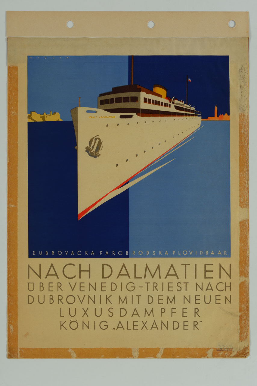 vista delle abitazioni di Sušak con mare e piroscafo (manifesto) di Wagula Hans (sec. XX)