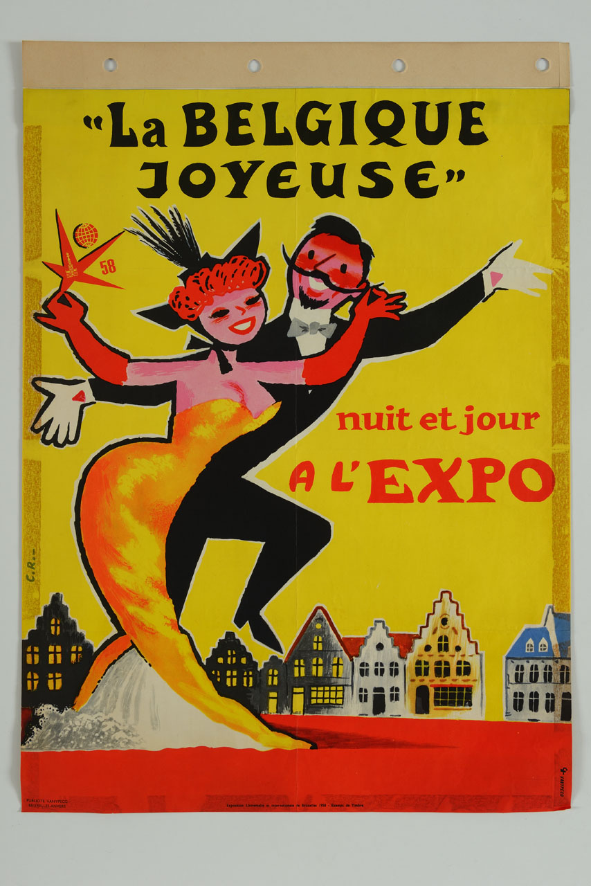 coppia molto elegante passeggia per la città mentre lei tiene in mano una stella a 5 punte con il simbolo dell’esposizione (manifesto) - ambito belga (sec. XX)