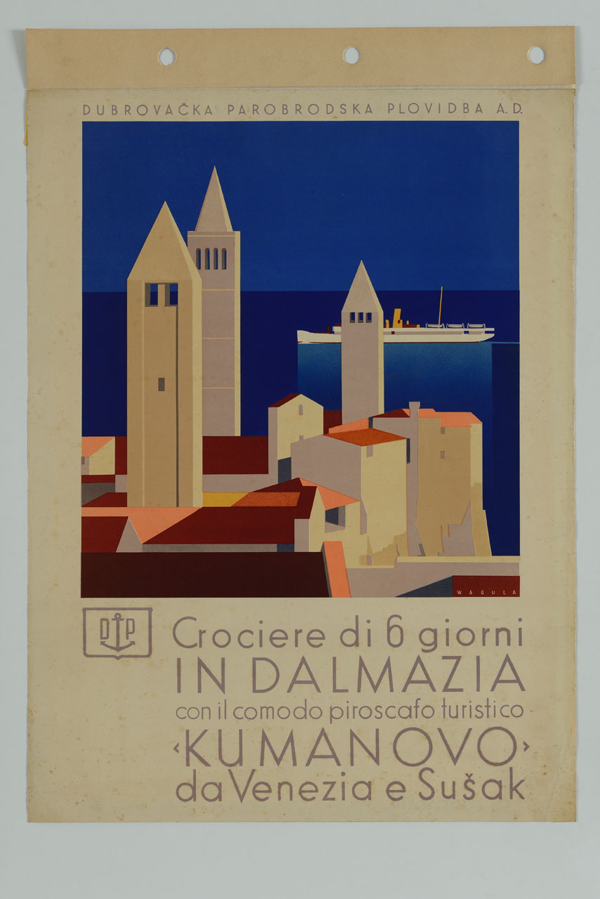 piroscafo in navigazione, vicino alla costa dalmata con la città di Dubrovnik (manifesto) di Wagula Hans (sec. XX)