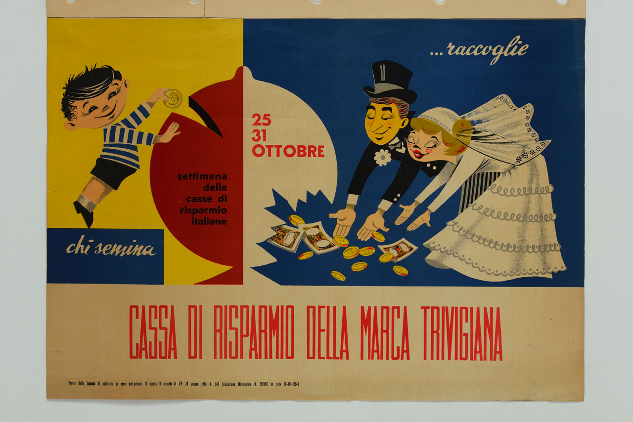 grande salvadanaio centrale; da una parte un bambino mette una moneta, dall'altra una coppia di sposi raccoglie una somma di denaro (manifesto) - ambito italiano (sec. XX)