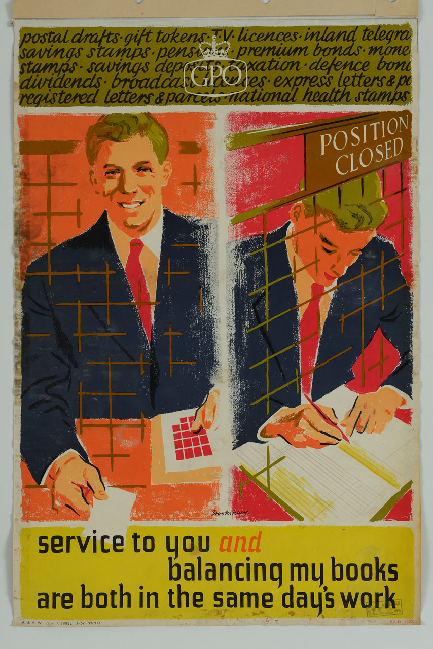 sportello di ufficio postale con uomo sorridente che scrive (manifesto) di Brookshaw - ambito inglese (sec. XX)