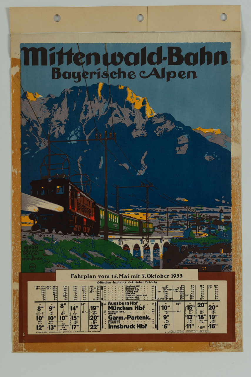un treno elettrico attraversa un viadotto, dopo aver attraversato un paese nelle Alpi Bavaresi (manifesto) di von Suchodolski Siegmund (sec. XX)