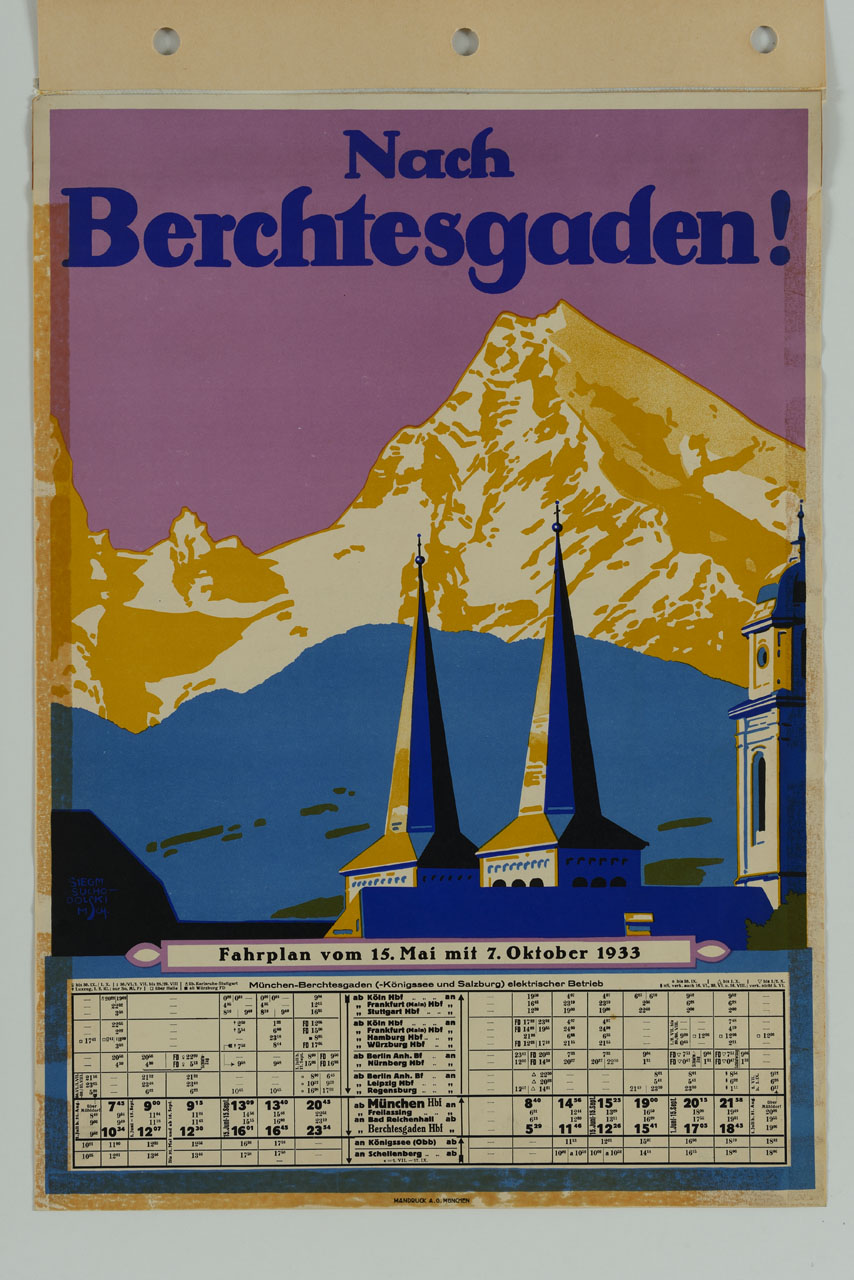 ai piedi del monte watzmann le due torri campanarie cuspidate dell chiesa collegiata dei Santi Pietro e Giovanni Battista e il campanile, parzialmente tagliato, della chiesa parrocchiale di Sant'Andrea a Berchtesgaden (manifesto) di von Suchodolski Siegmund (sec. XX)