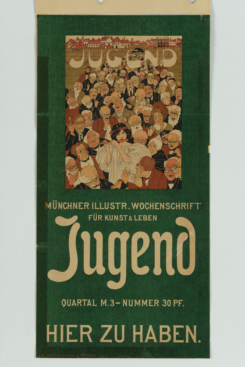una figura femminile suona il flauto, il cui suono suadente richiama una folla di uomini elegantemente vestiti, che usciti dalla città, la circondano osservandola con curiosità e sorridendo (manifesto) di von Zumbusch Ludwig (sec. XX)
