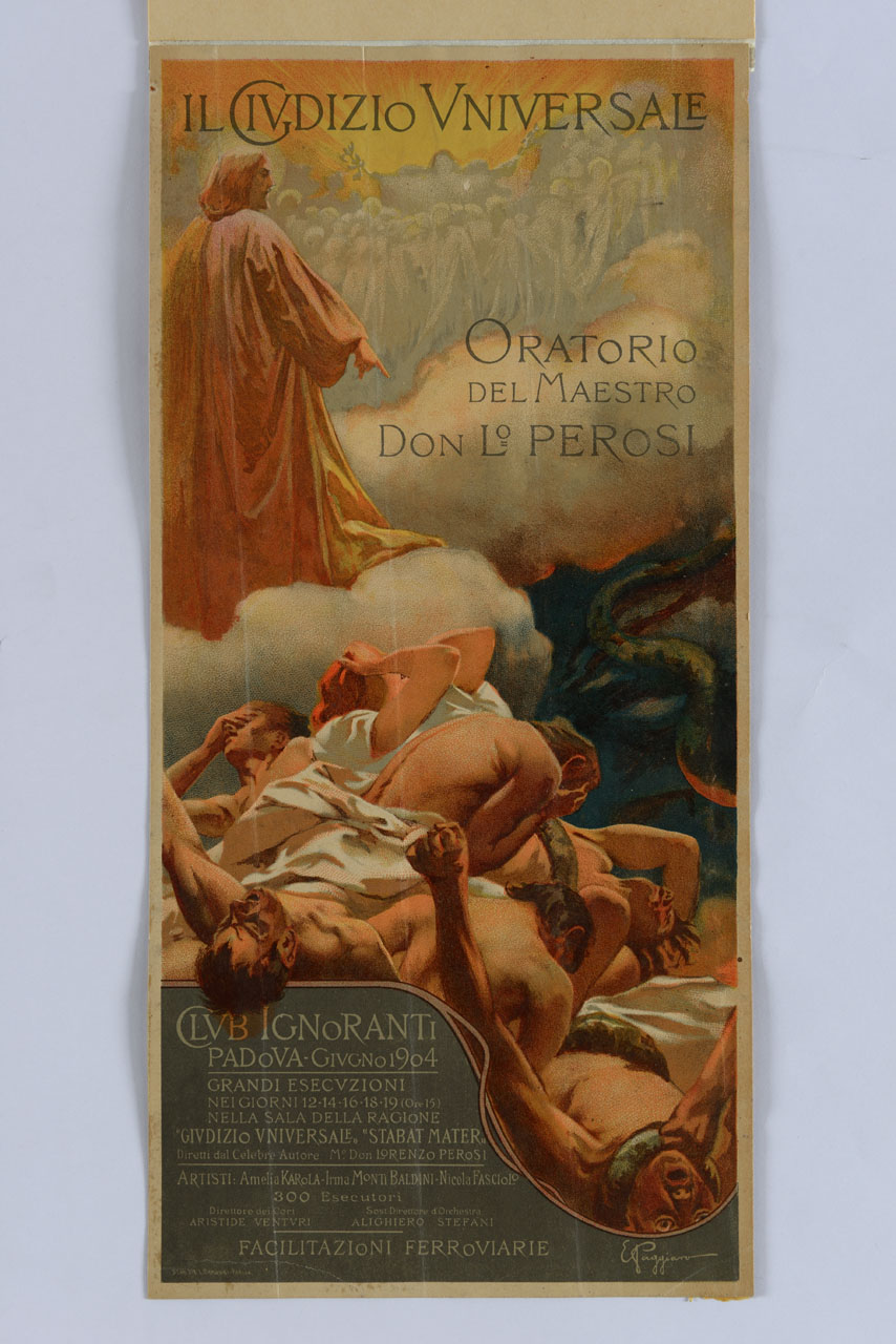 scena del Giudizio Universale con Gesù su nuvole, beati in alto e dannati in basso (locandina) di Paggiaro Emilio (sec. XX)