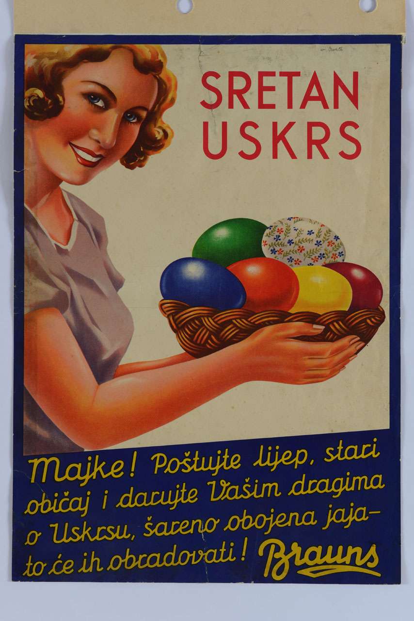 donna sorridente con cesta contenente uova colorate (manifesto) - ambito croato (sec. XX)