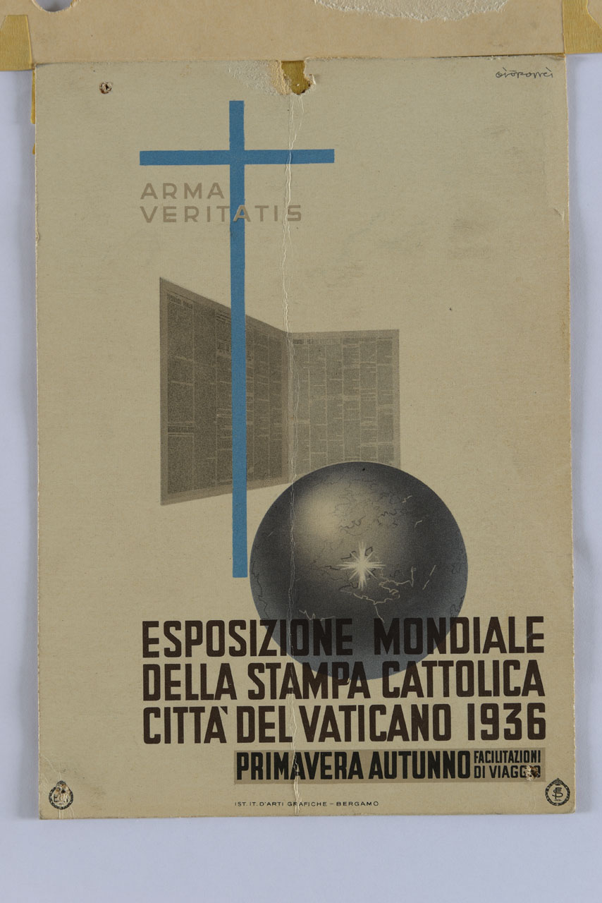 globo terrestre con croce e giornale (locandina) di Ponti Giovanni detto Giò (sec. XX)