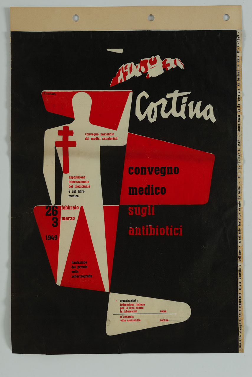 figura maschile stilizzata, con la croce di lorena sulla destra del busto, alla quale sono attaccate delle linguette rosse e bianche; il alto il massiccio delle Tofane (manifesto) di De Donà Mario detto Eronda (sec. XX)