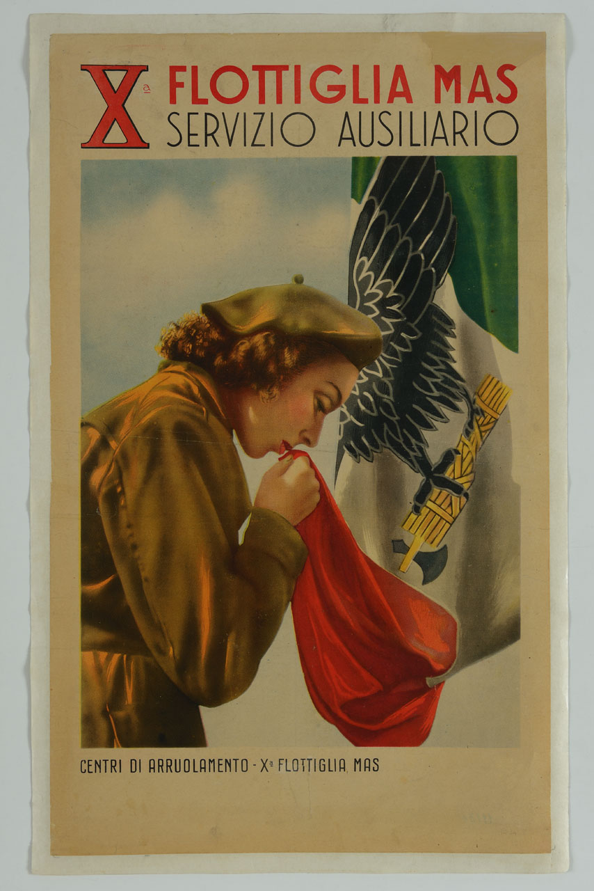 giovane donna bacia la bandiera fascista (manifesto) - ambito italiano (sec. XX)