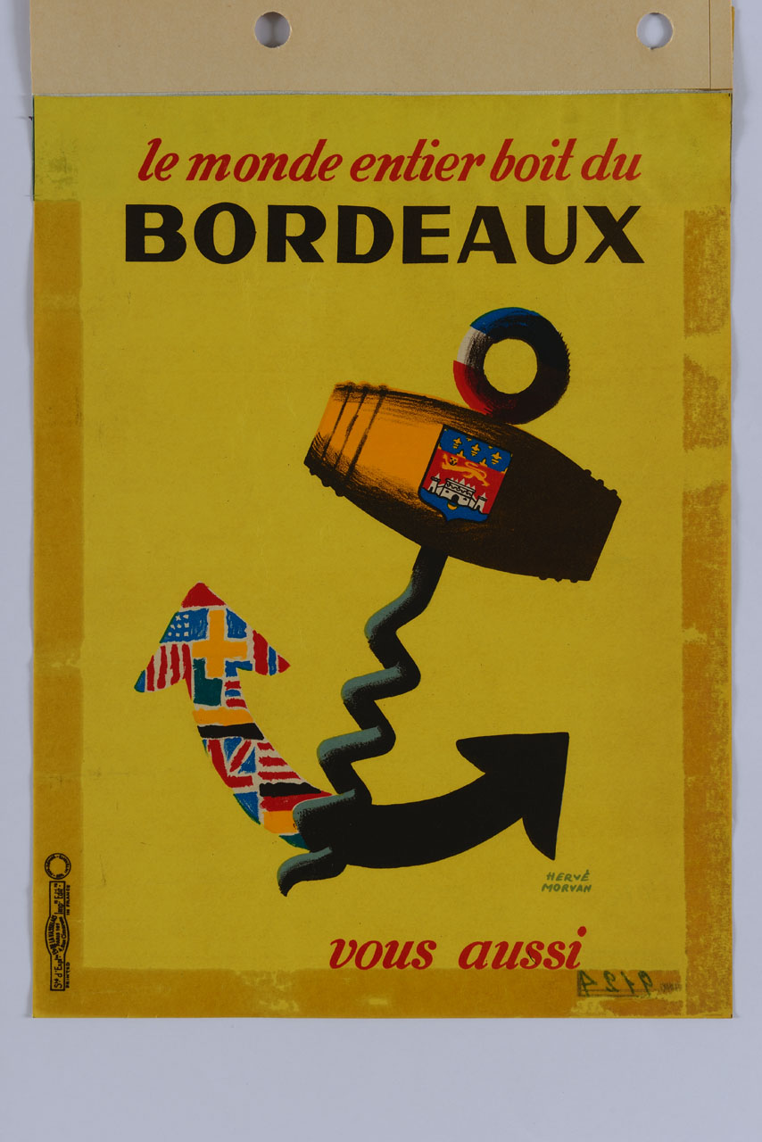 ancora il cui ceppo è costituito da un cavatappi a vite; il braccio di sinistra è colorato da bandiere internazionali; sul manico del cavatappi lo stemma della città di Bordeaux; la cicala dell'ancora è colorata con il tricolore francese (manifesto) di Morvan Hervé (sec. XX)