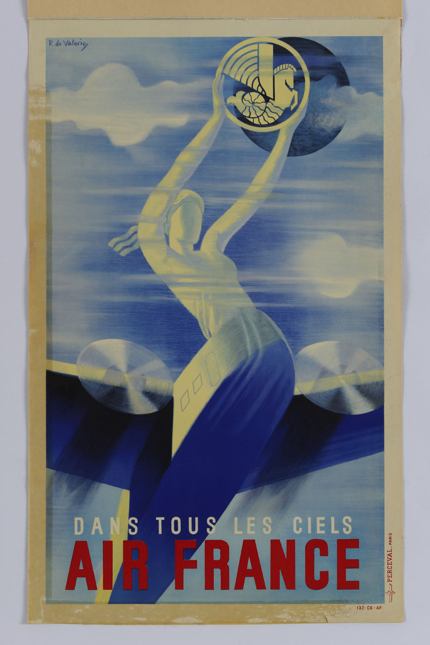 la personificazione della Francia sormonta la punta di un aeroplano alzando il logo della compagnia aerea, che accosta ad un sole scuro nel cielo azzurro (manifesto) di Roger Laviron detto Roger De Valerio (sec. XX)