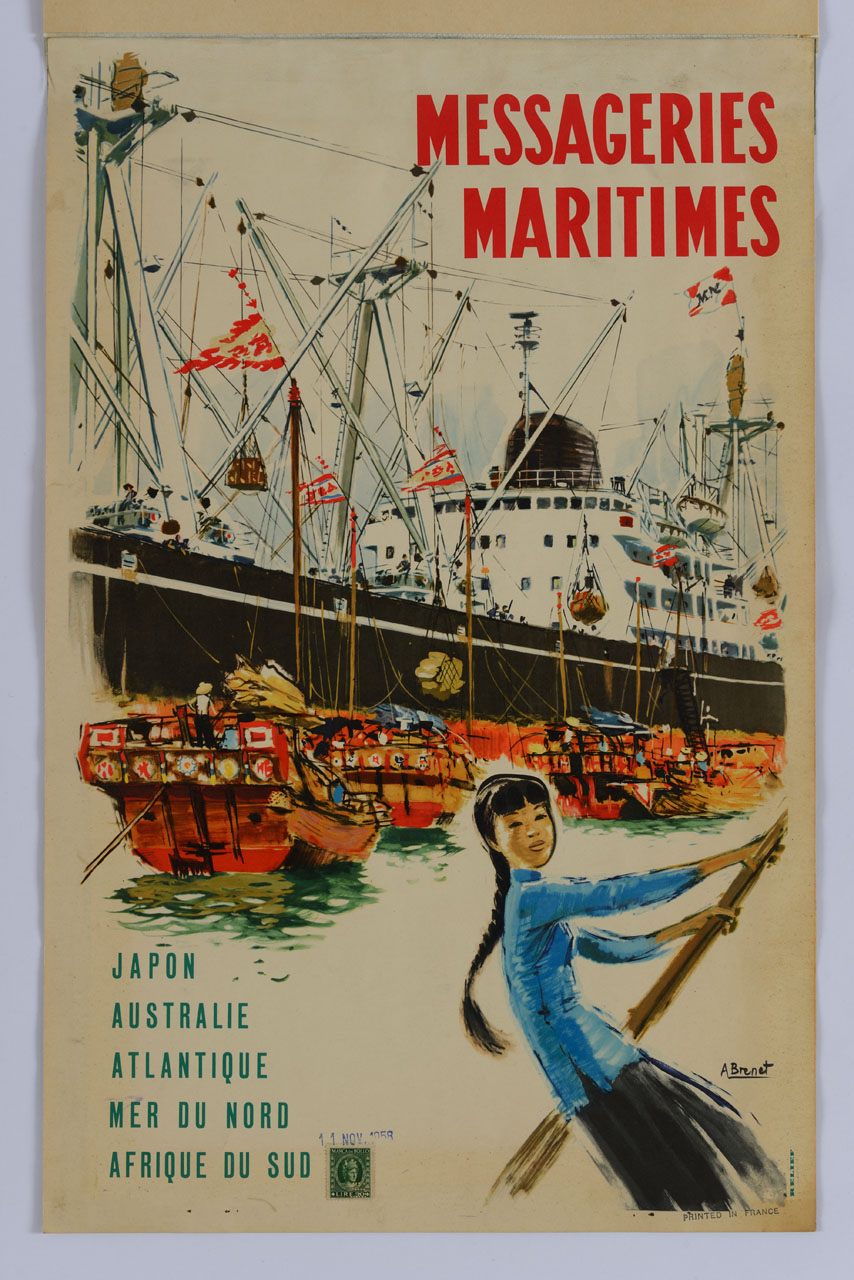 una nave da carico occidentale scarica le sue merci su alcune giunche; in primo piano una ragazza asiatica che rema (manifesto) di Brenet Albert (sec. XX)
