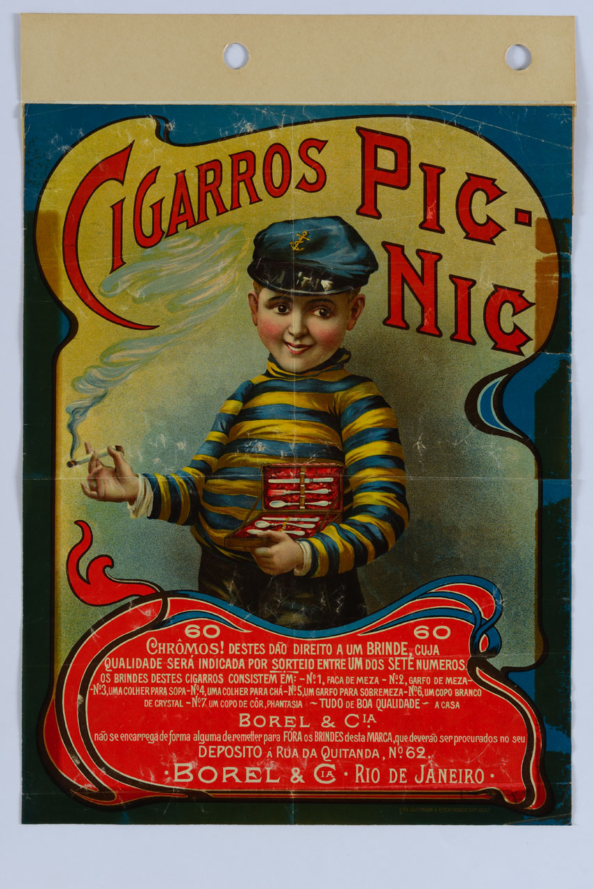 un bambino vestito da marinaretto fuma una sigaretta, mostrando un cofanetto con posate (manifesto) - ambito brasiliano (secc. XIX-XX)