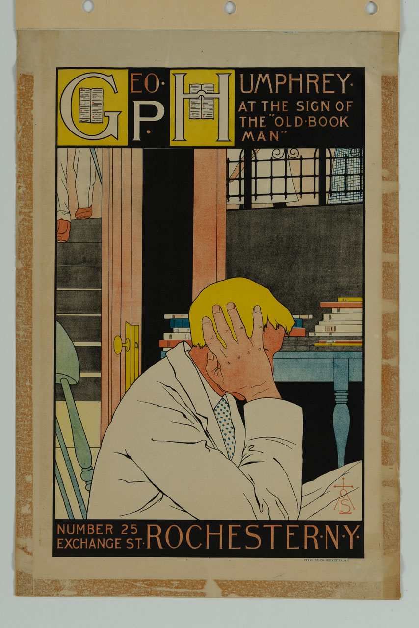 un letteore con la testa appoggiata alla mano all'interno di una libreria allestita in un seminterrato (manifesto) di Stowell Mary Louise (sec. XIX)