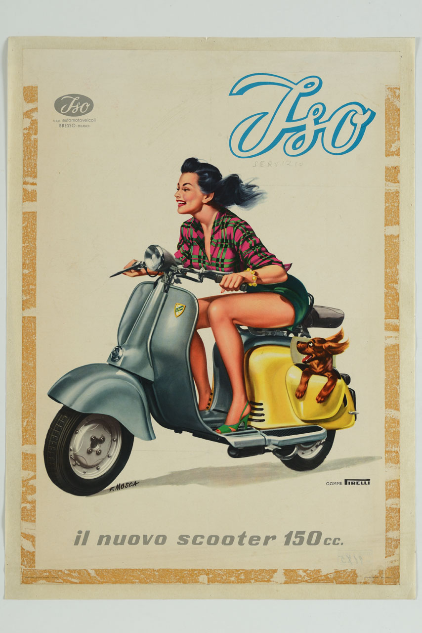 giovane donna mora, con i cappelli al vento, sfreccia con un rapido motociclo, portando nel portapacchi laterale un cagnolino (manifesto) di Mosca Franco (sec. XX)