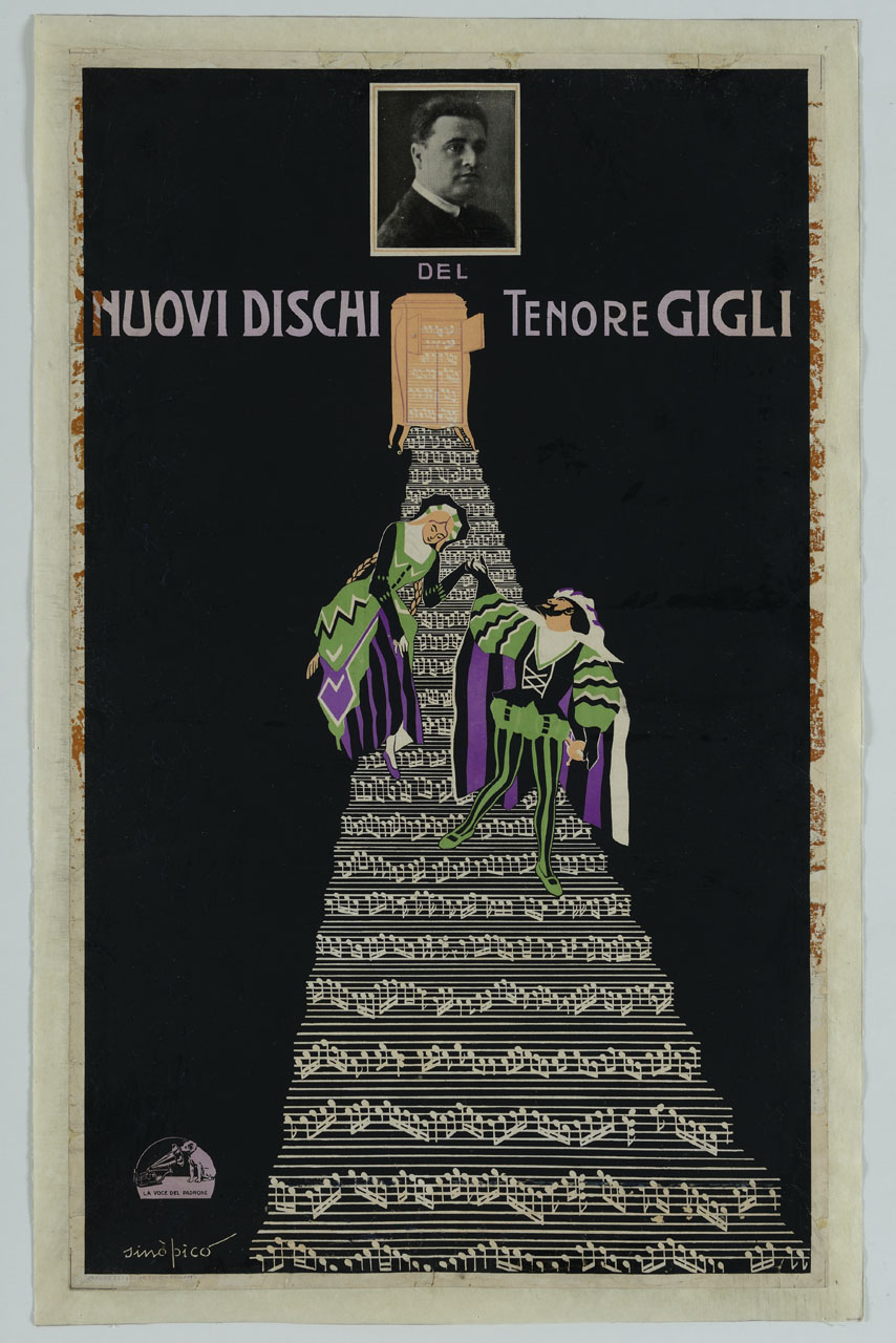 un armadio si apre, lasciando uscire le note musicali, che cadendo formano una scala, sulla quale stanno camminanto una damigella e il suo cavaliere; in alto la fotografia del tenore Beniamino Gigli (manifesto) di Chareun Raoul detto Primo Sinopico (sec. XX)