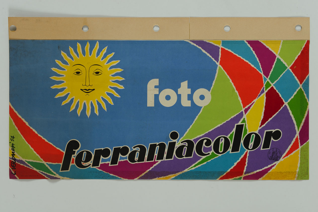 il sole su cielo azzurro circondato da intersezioni colorate (manifesto) di Veronesi Luigi (sec. XX)
