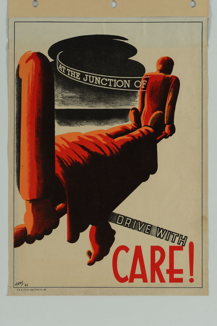 due uomini trasportano una barella con un morto; in alto una nuvola di fumo nera (manifesto) di Gers - ambito americano (sec. XX)