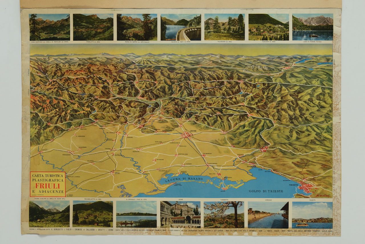 carta geografica fisico-turistica del Friuli, incorniciata, in alto e in basso, da fotografie di alcune località turistiche (stampa) di De Zulian Carlo, DITTA A. BRISIGHELLI, Tabacco Antonio, Bujatti Silvio Maria, Bierti Pio (attribuito) (sec. XX)
