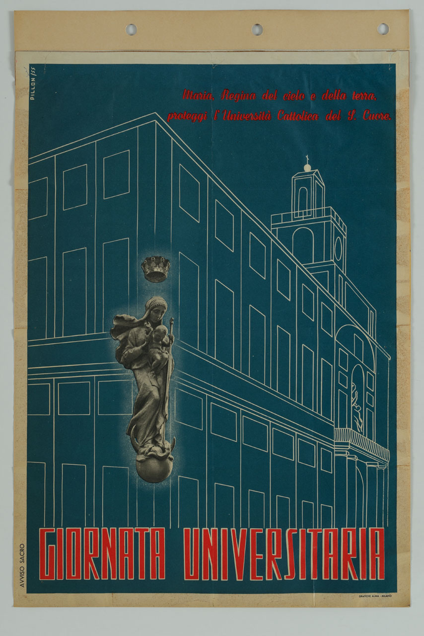 disegno stilizzato della facciata dell'Università Cattolica di Milano, vista lateralmente; all'angolo la fotografia della scultura della Madonna con il Bambino benedicente sormontata da corona (manifesto) di Pillon (sec. XX)