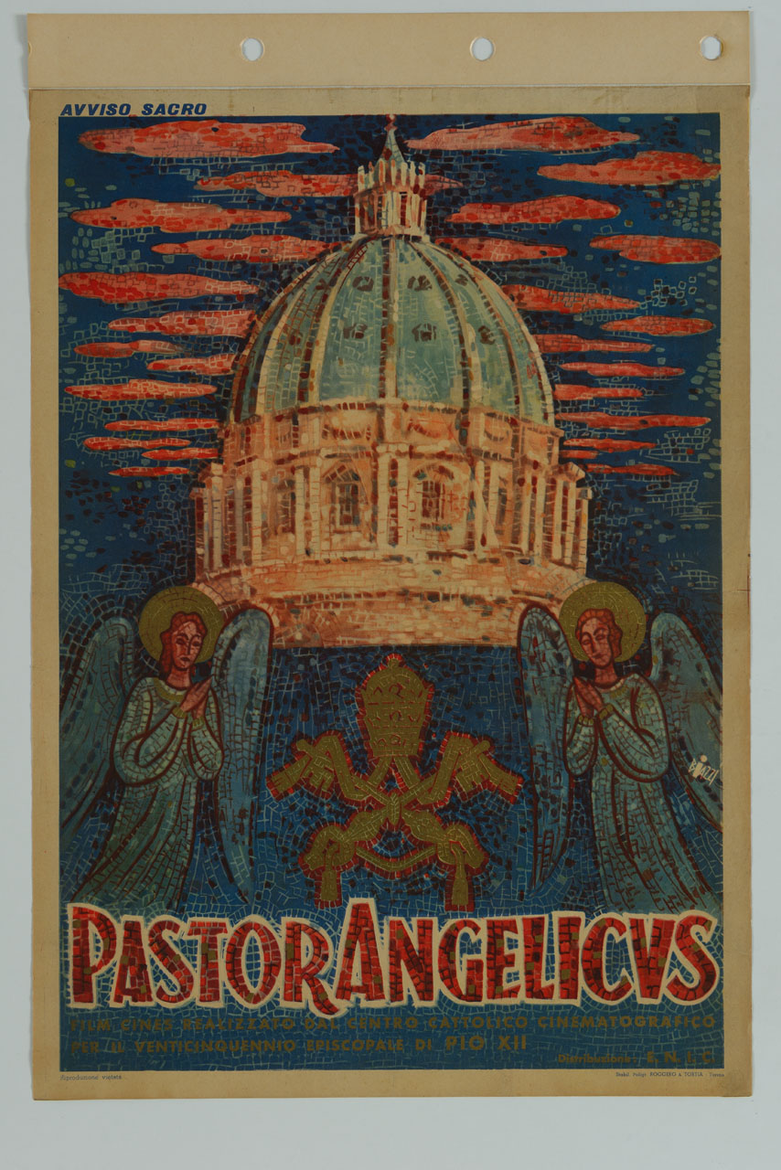 due angeli tra chiavi decussate con tiara sorreggono il tamburo della basilica di San Pietro a Roma (manifesto) di Biazzi Sandro (sec. XX)