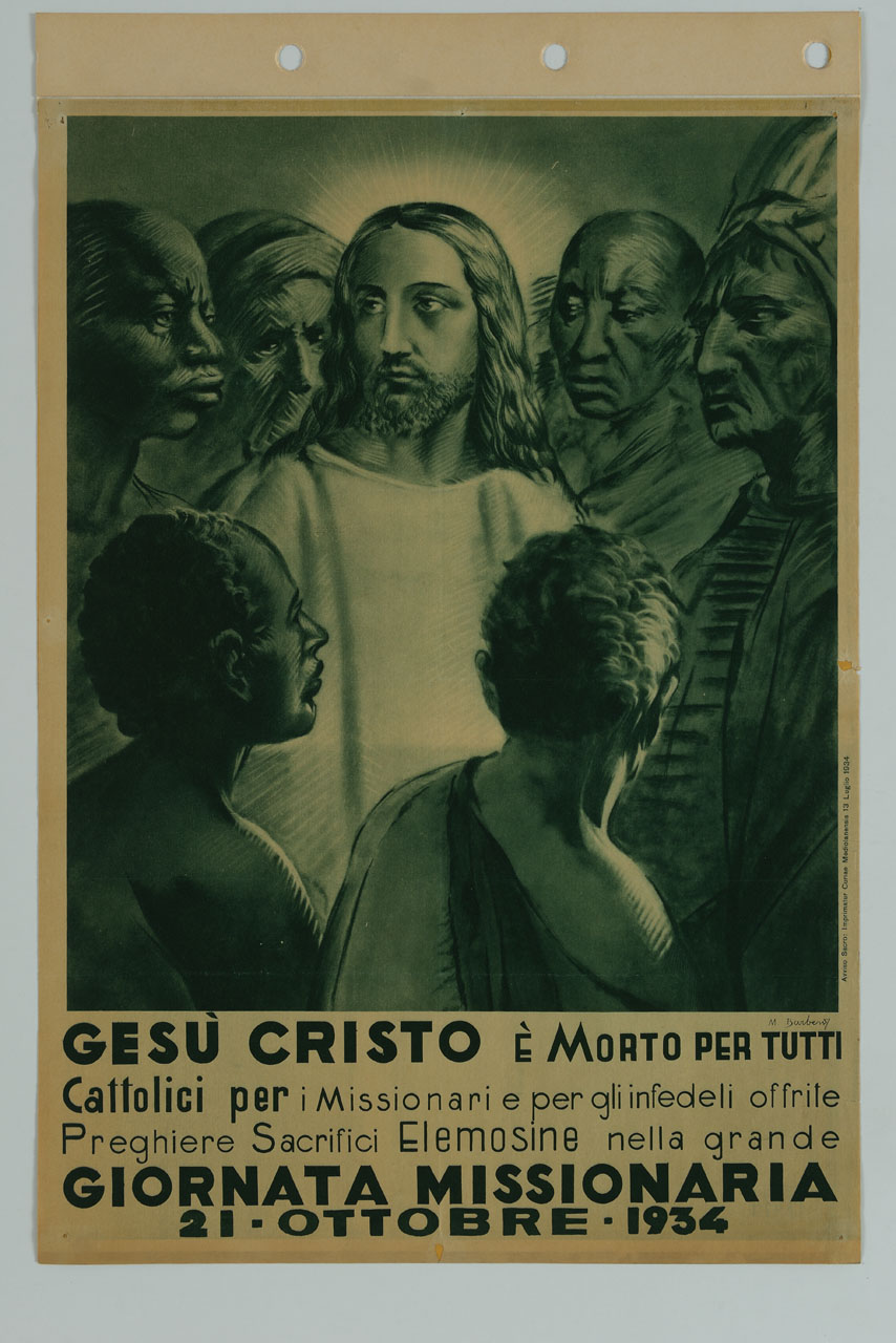 Gesù attorniato da persone di varie etnie e da un vescovo (manifesto) di Barberis Mario (sec. XX)