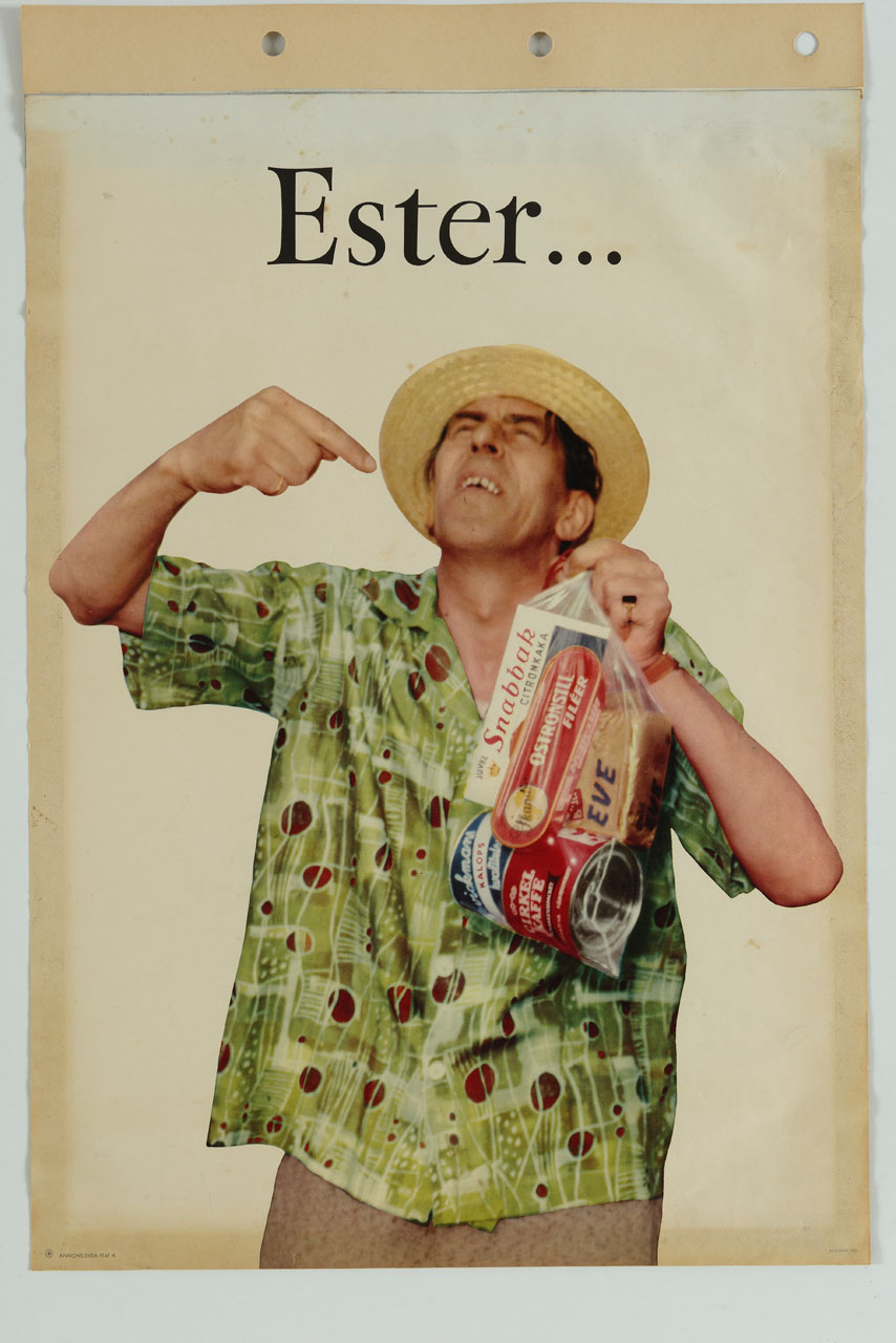 figura maschile indica un sacchetto di plastica trasparente contenente prodotti da supermercato (manifesto) - ambito svedese (sec. XX)