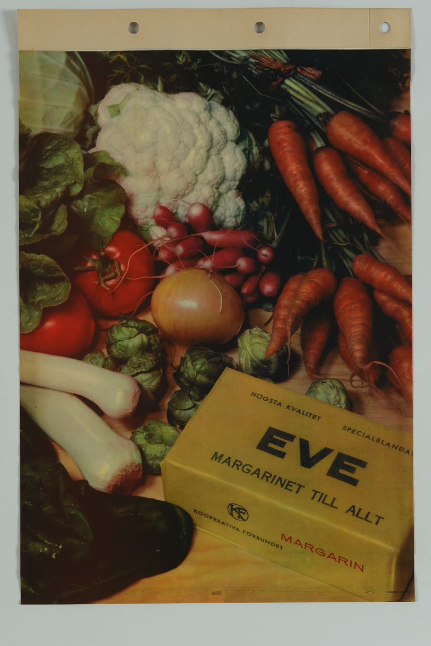 pacchetto di margarina vicino a ortaggi estivi e invernali (manifesto) - ambito svedese (sec. XX)