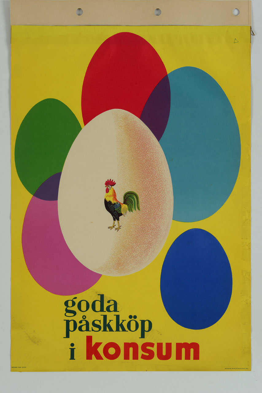 gallo all'interno di un uovo bianco con attorno altre uova colorate (manifesto) - ambito svedese (sec. XX)