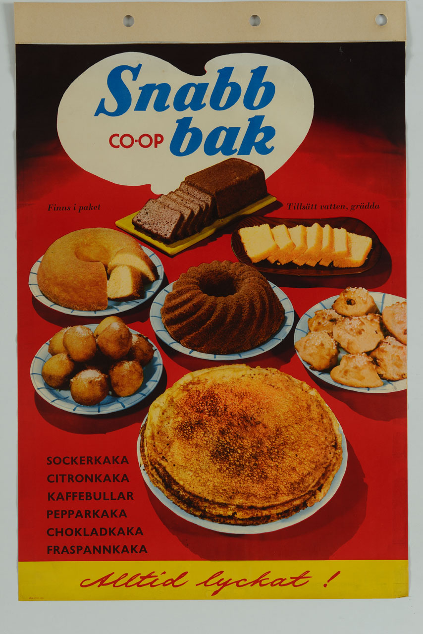 dolci da forno impiattati e appoggiati su una tovaglia rossa (manifesto) - ambito svedese (sec. XX)