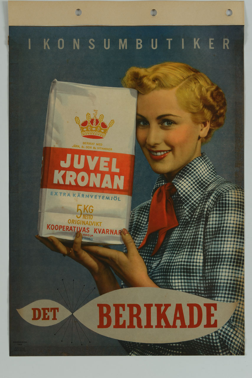 figura femminile in camicia e fiocco al collo mostra un sacchetto (manifesto) - ambito svedese (sec. XX)